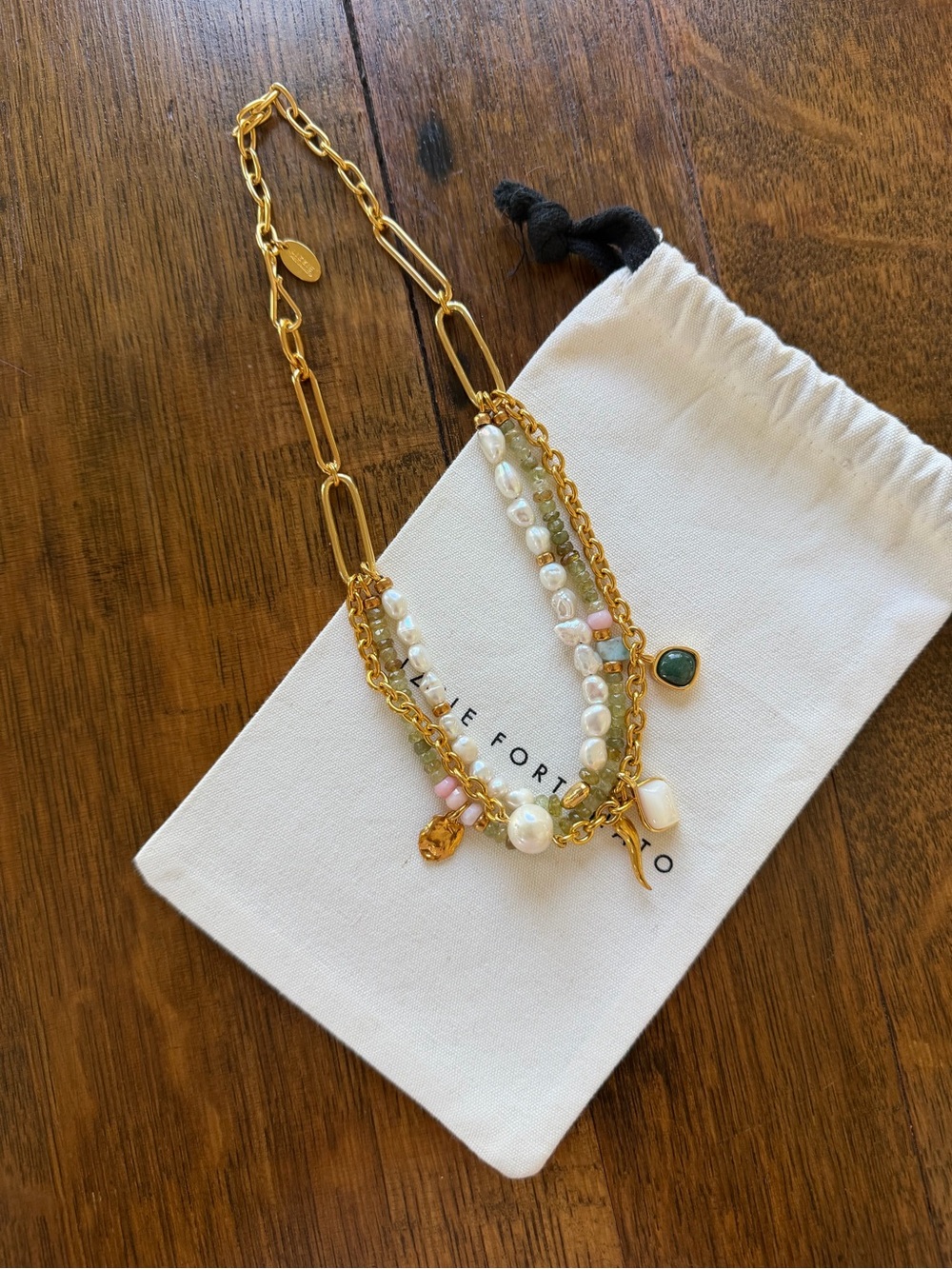 NWOT Lizzie Fortunato Gold Multi-Strand Pearl & Bead Necklace with Green Accent